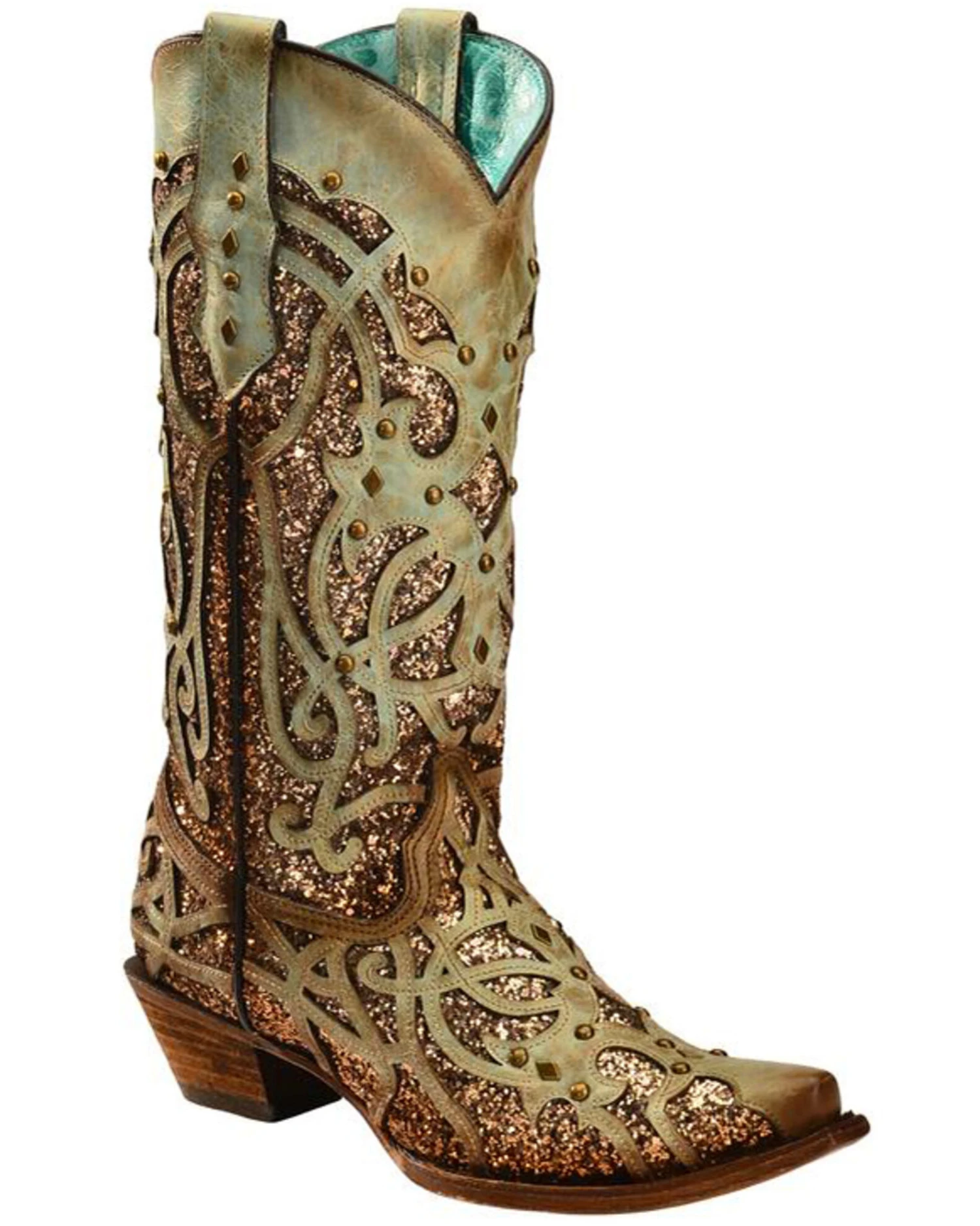Corral Women's Mint Glitter Inlay Western Boots - Snip Toe 3 Corral Women's Mint Glitter Inlay Western Boots - Snip Toe